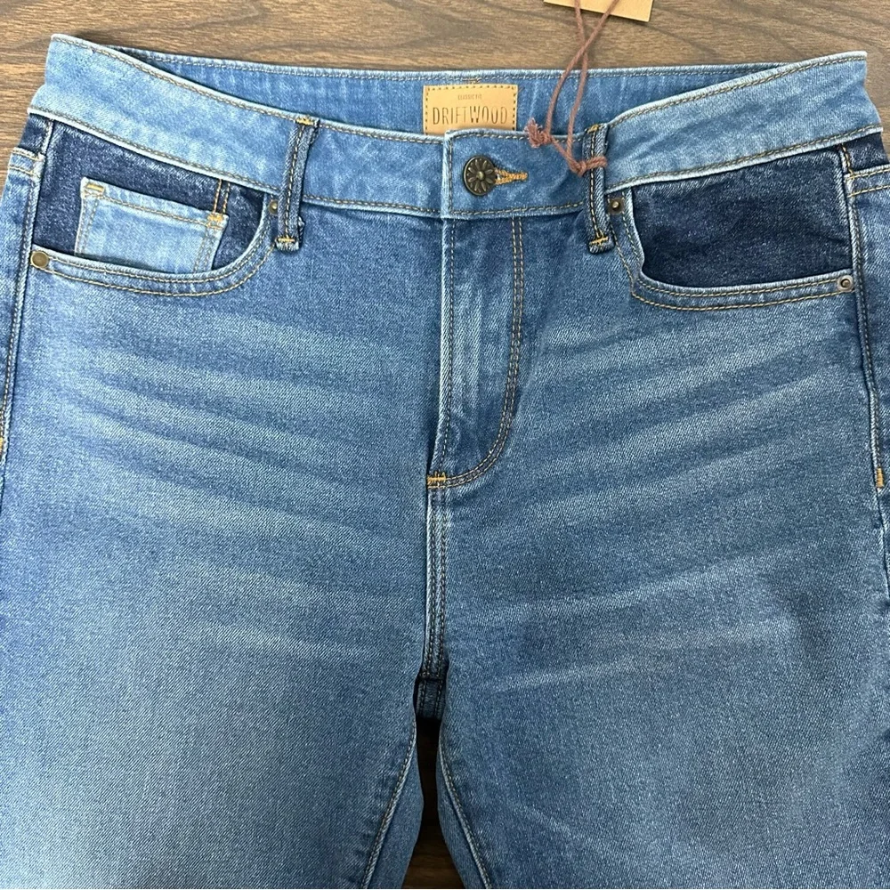 🔥SOLD🔥Driftwood Classic Fit Cleo Patchwork High Rise Flare Jeans Raw Hem - Picture 8 of 15
